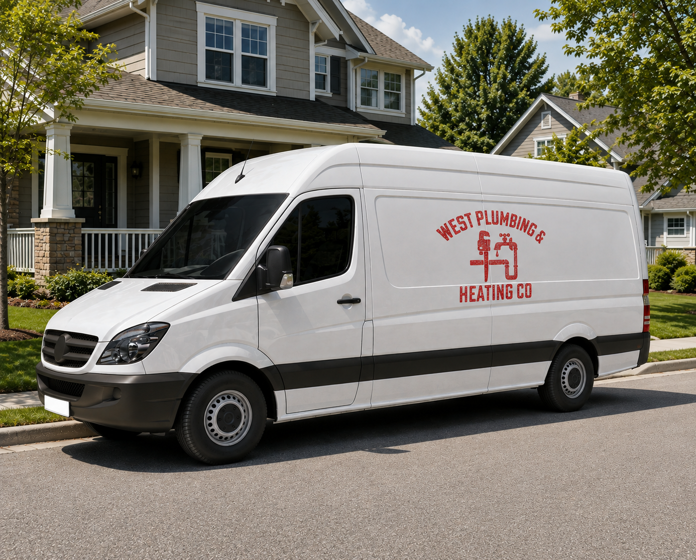 West Plumbing & Heating service van parked in front of a home in Harvard, MA