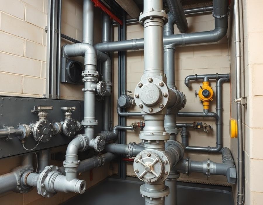Commercial utility room with large plumbing pipes and valves