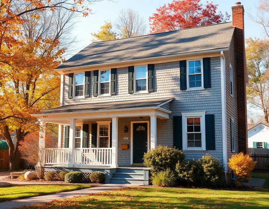 New England colonial home in autumn served by West Plumbing & Heating