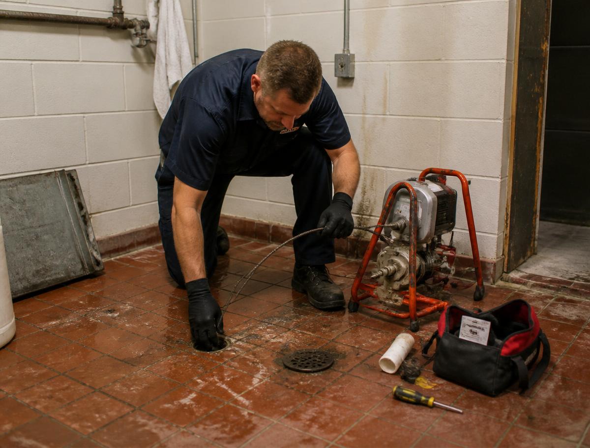 Plumber clearing a clogged floor drain with drain cleaning equipment